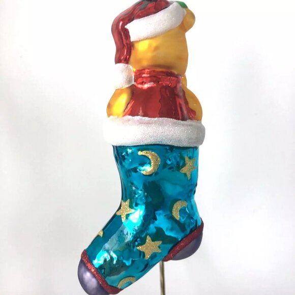 Rare Christopher Radko Disney WINNIE THE POOH Teal Blue Stocking Glass Ornament - Picture 4 of 9